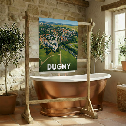 Serviette de bain souvenir de la ville de Dugny avec une illustration aérienne stylisée.