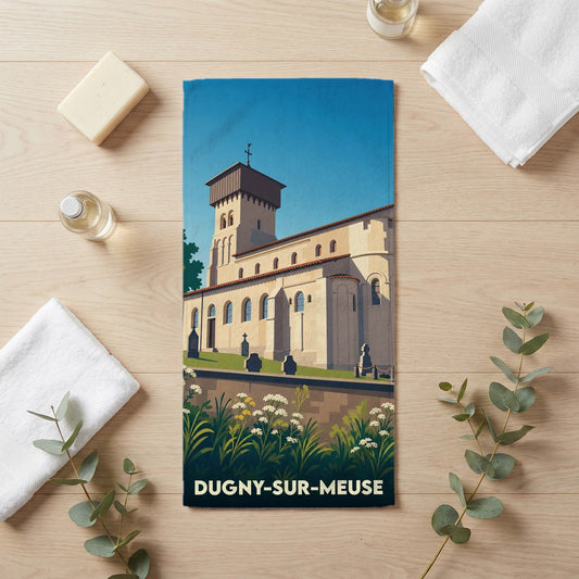 Serviette de bain souvenir de la ville de Dugny-sur-Meuse avec une illustration stylisée de son église fortifiée.