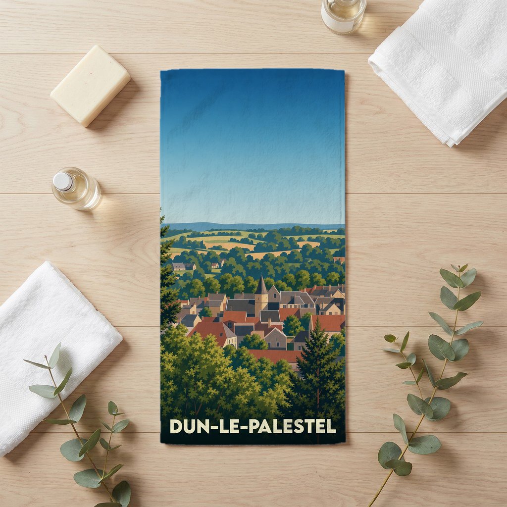 Serviette de bain souvenir de la ville de Dun-le-Palestel avec une illustration stylisée d'un paysage urbain.