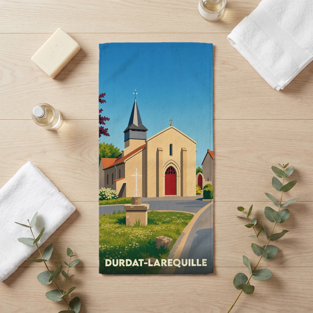 Serviette de bain souvenir de la ville de Durdat-Larequille avec une illustration stylisée de son église.