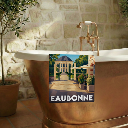 Serviette de bain souvenir de la ville d'Eaubonne avec une illustration stylisée.