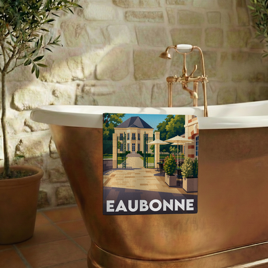 Serviette de bain souvenir de la ville d'Eaubonne avec une illustration stylisée.