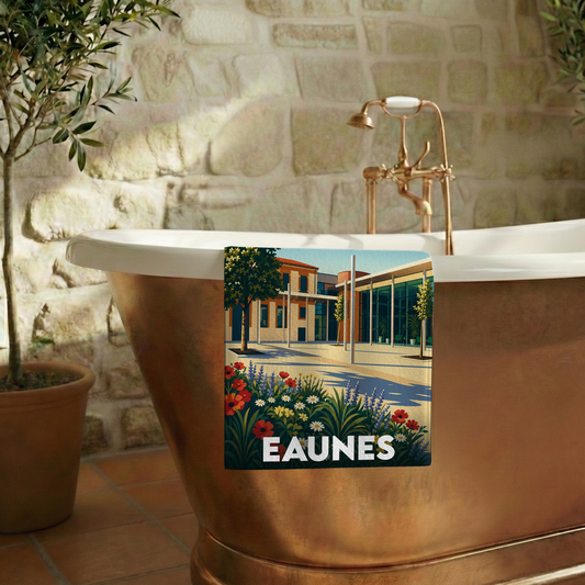 Serviette de bain souvenir de la ville de Eaunes avec une illustration stylisée.