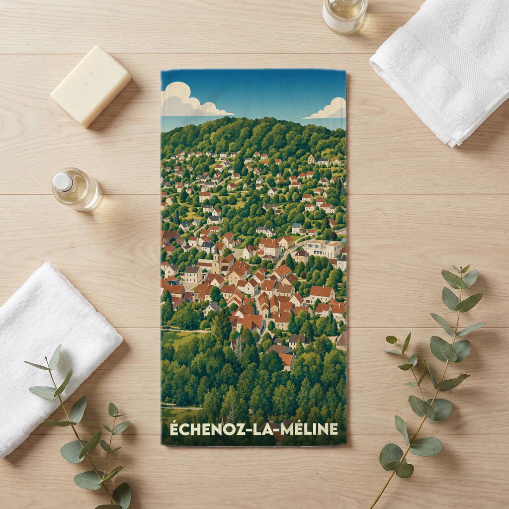 Serviette de bain souvenir de la ville d'Échenoz-la-Méline avec une illustration stylisée.