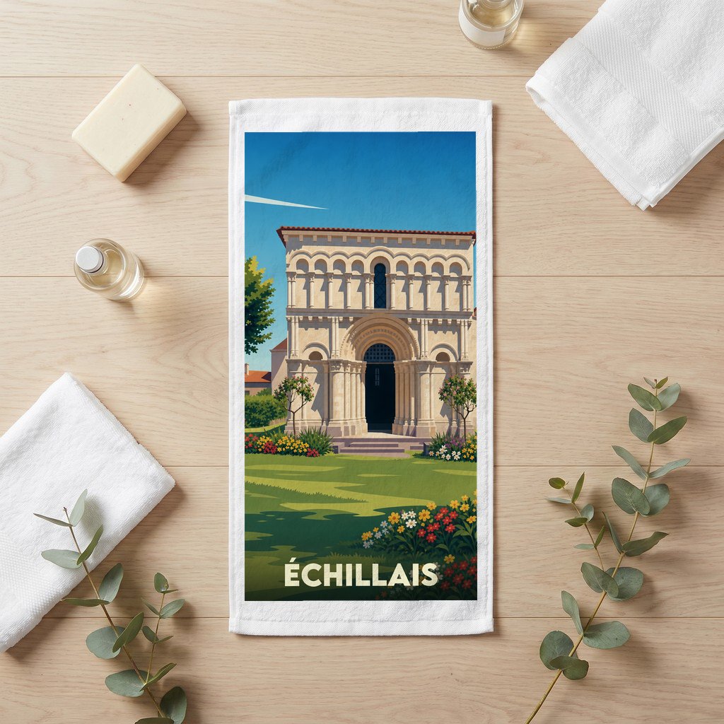 Serviette de bain souvenir de la ville de Échillais avec une illustration stylisée de son église romane.