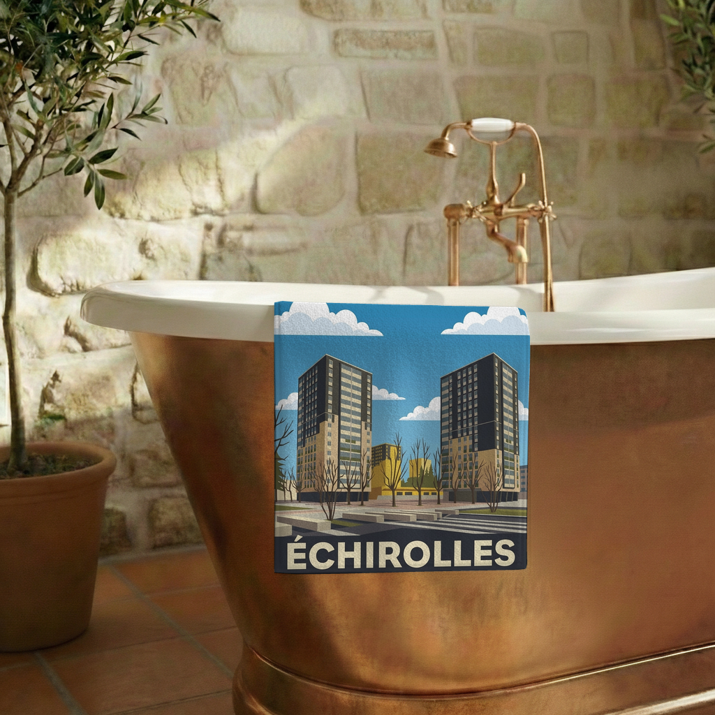 Serviette de bain souvenir de la ville de Échirolles avec une illustration stylisée.
