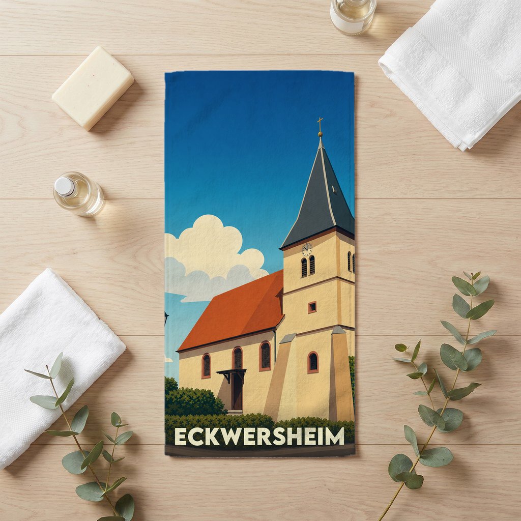 Serviette de bain souvenir de la ville de Eckwersheim avec une illustration stylisée de son église.