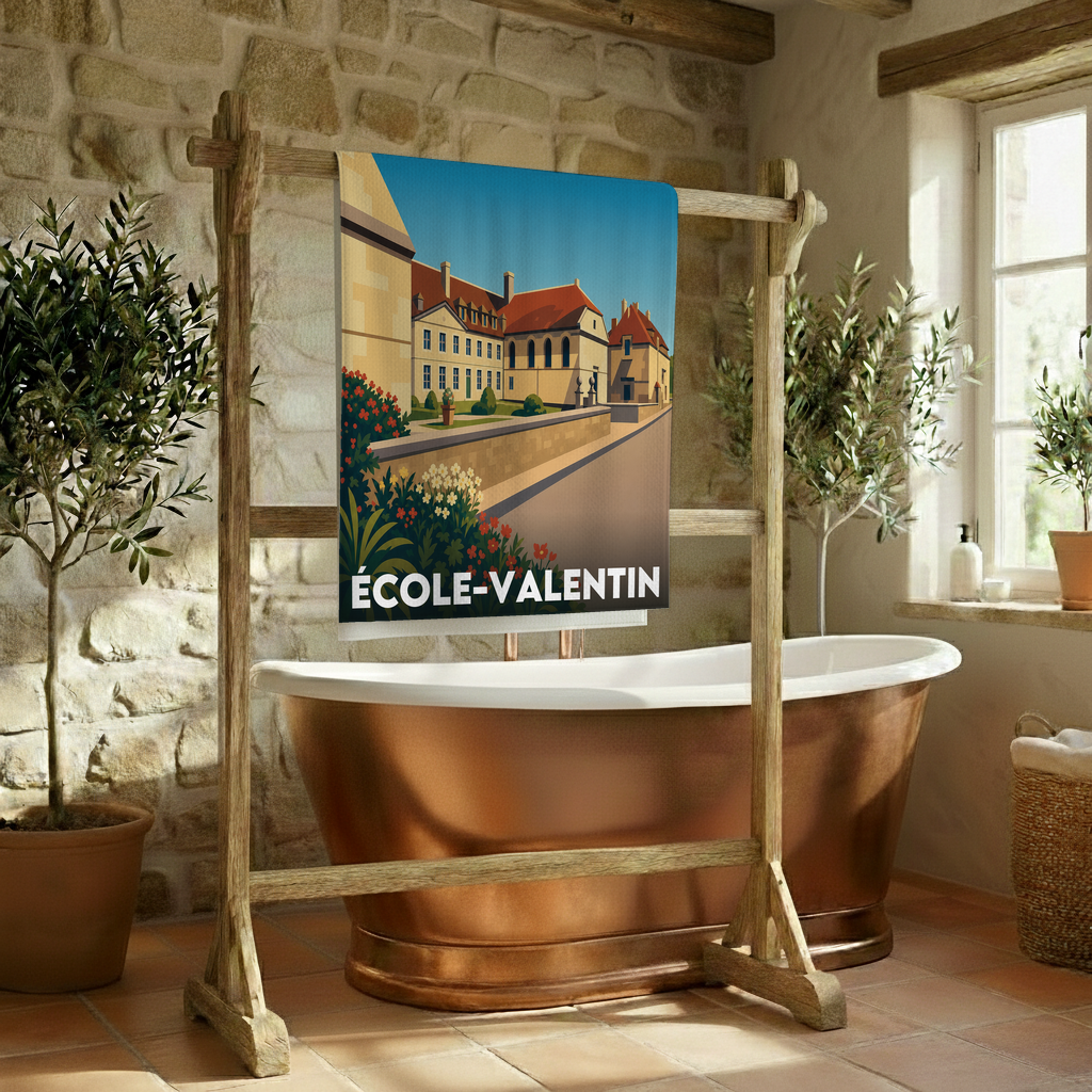 Serviette de bain souvenir de la ville d'École-Valentin avec une illustration stylisée.