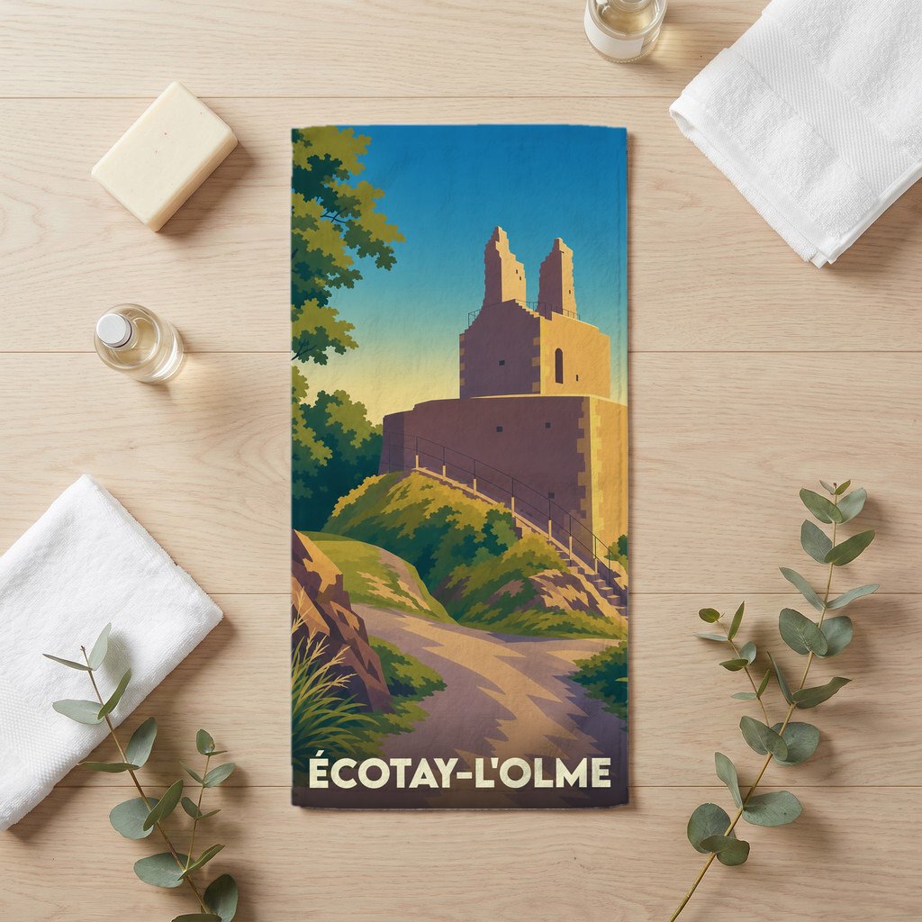 Serviette de bain souvenir de la ville d'Écotay-l'Olme illustrée d'un paysage stylisé.