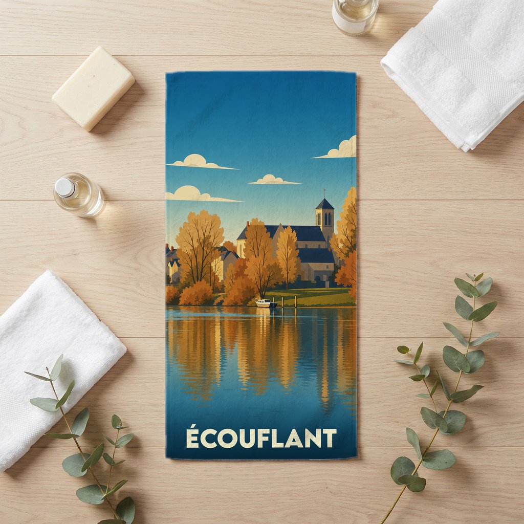 Serviette de bain souvenir de la ville d'Écouflant avec une illustration stylisée d'un paysage automnal au bord de l'eau.
