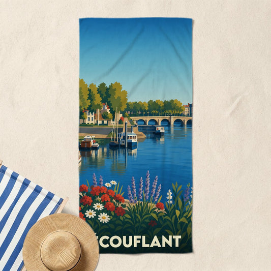 Serviette de bain souvenir de la ville d’Écouflant ornée d'une illustration stylisée de ses bords de rivière.