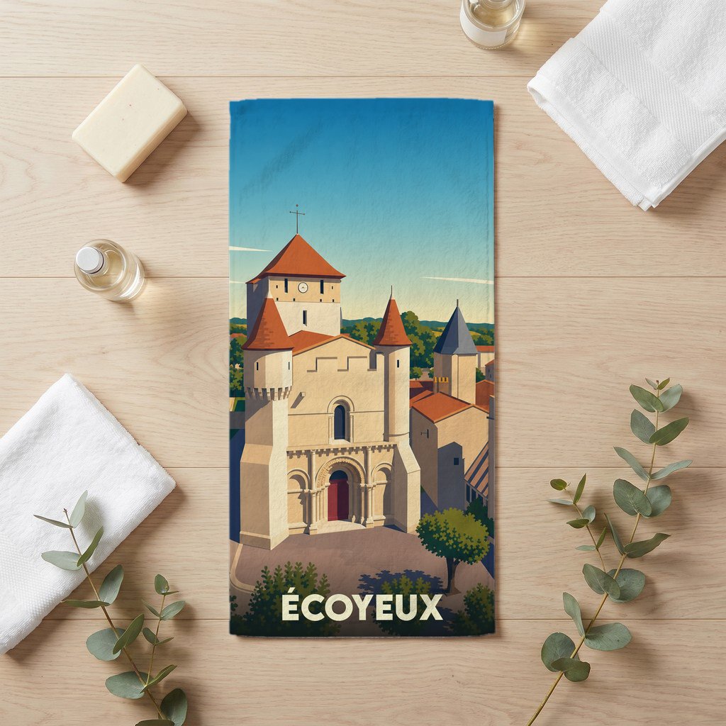 Serviette de bain souvenir de la ville d'Écoyeux avec une illustration stylisée de son église fortifiée.