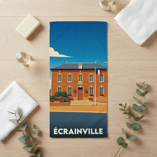 Serviette de bain souvenir de la ville d'Écrainville avec une illustration stylisée de la mairie.