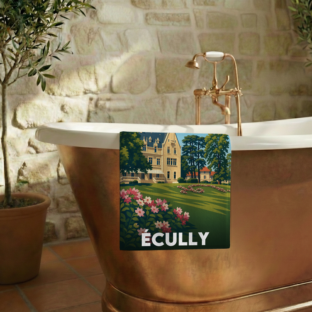 Serviette de bain souvenir de la ville de Écully avec une illustration stylisée.