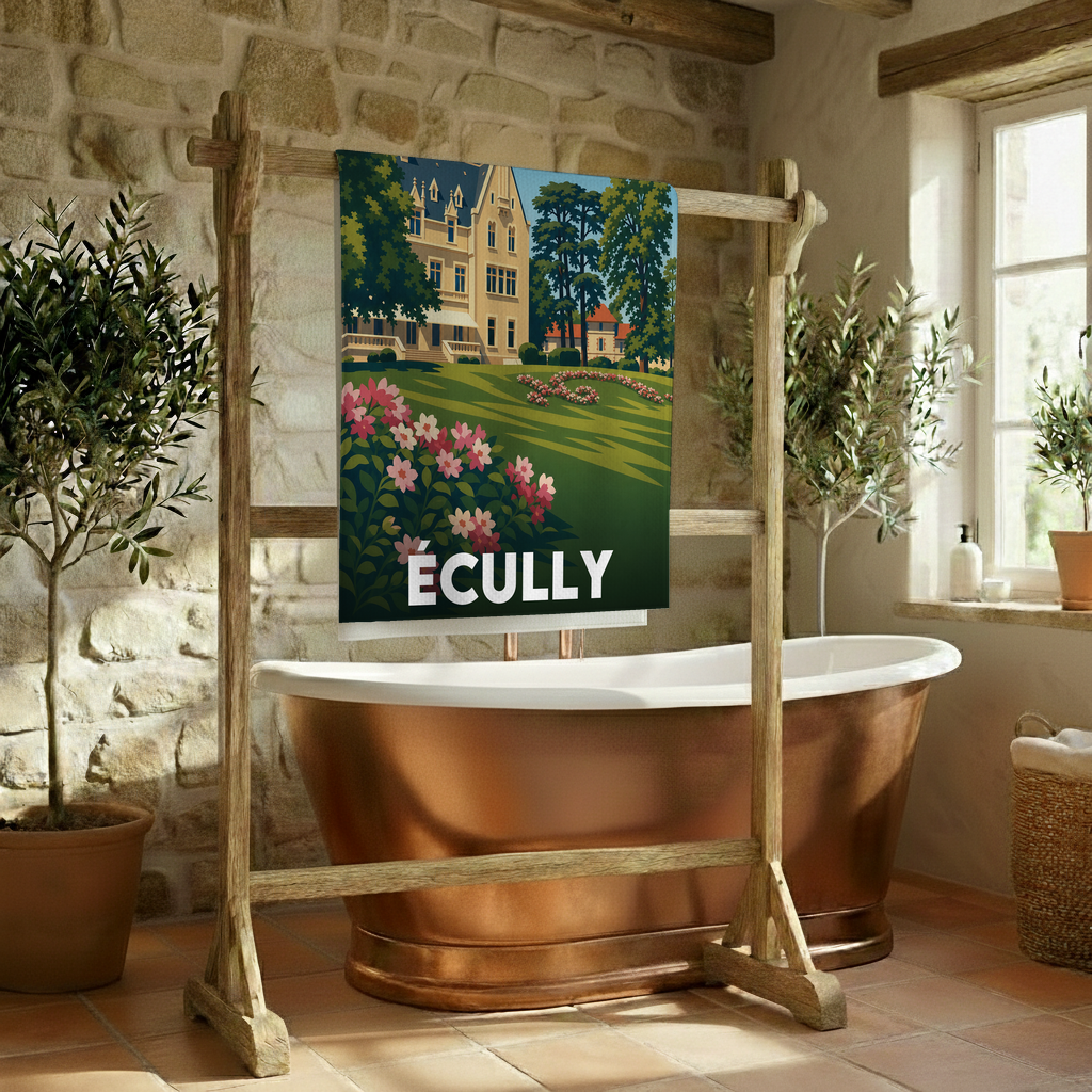 Serviette de bain souvenir de la ville d'Écully avec une illustration stylisée d'un manoir et d'un jardin fleuri.