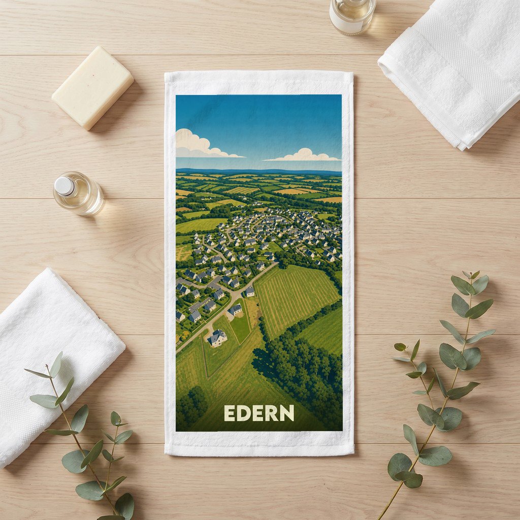Serviette de bain souvenir de la ville d'Edern avec une illustration aérienne stylisée du paysage.