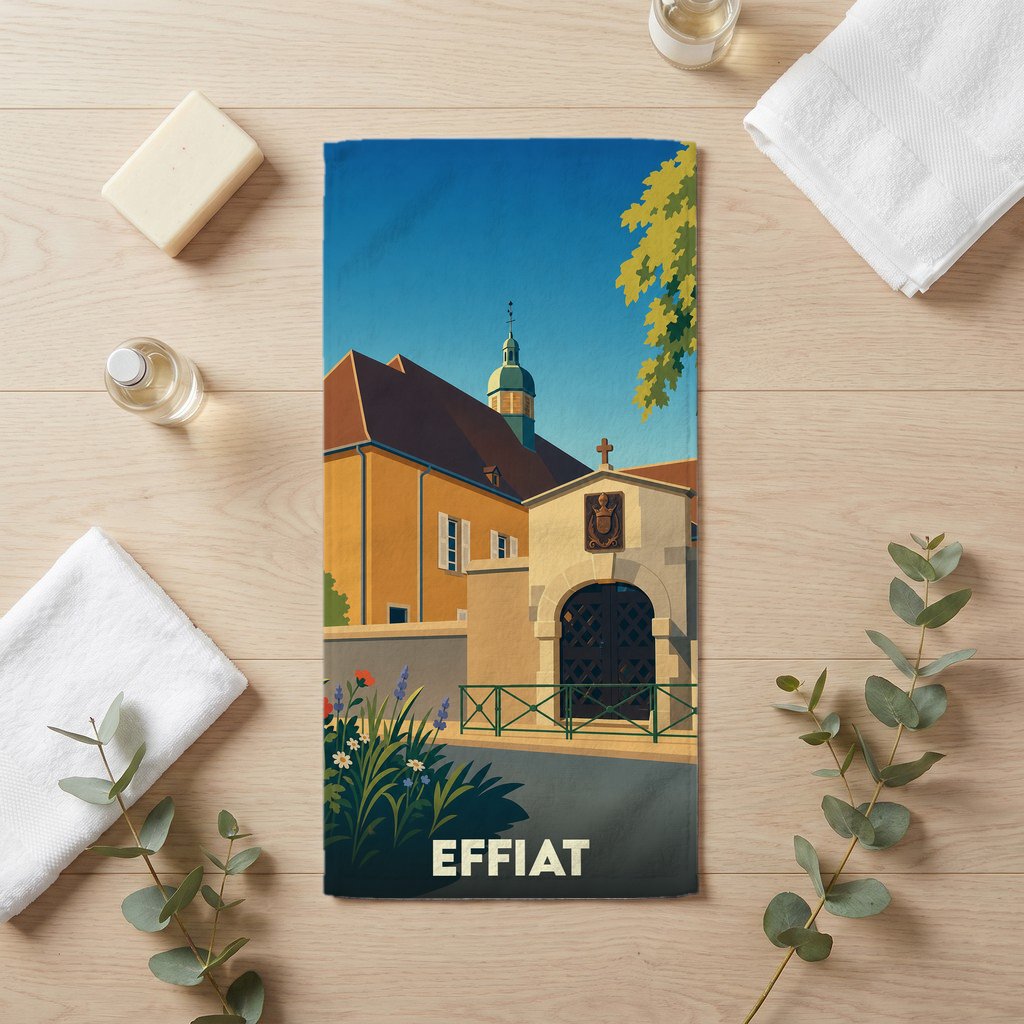 Serviette de bain souvenir de la ville de Effiat avec une illustration stylisée.