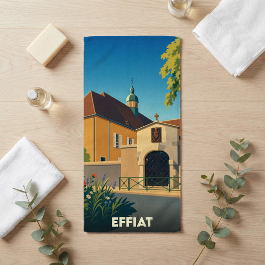 Serviette de bain souvenir de la ville de Effiat avec une illustration stylisée.