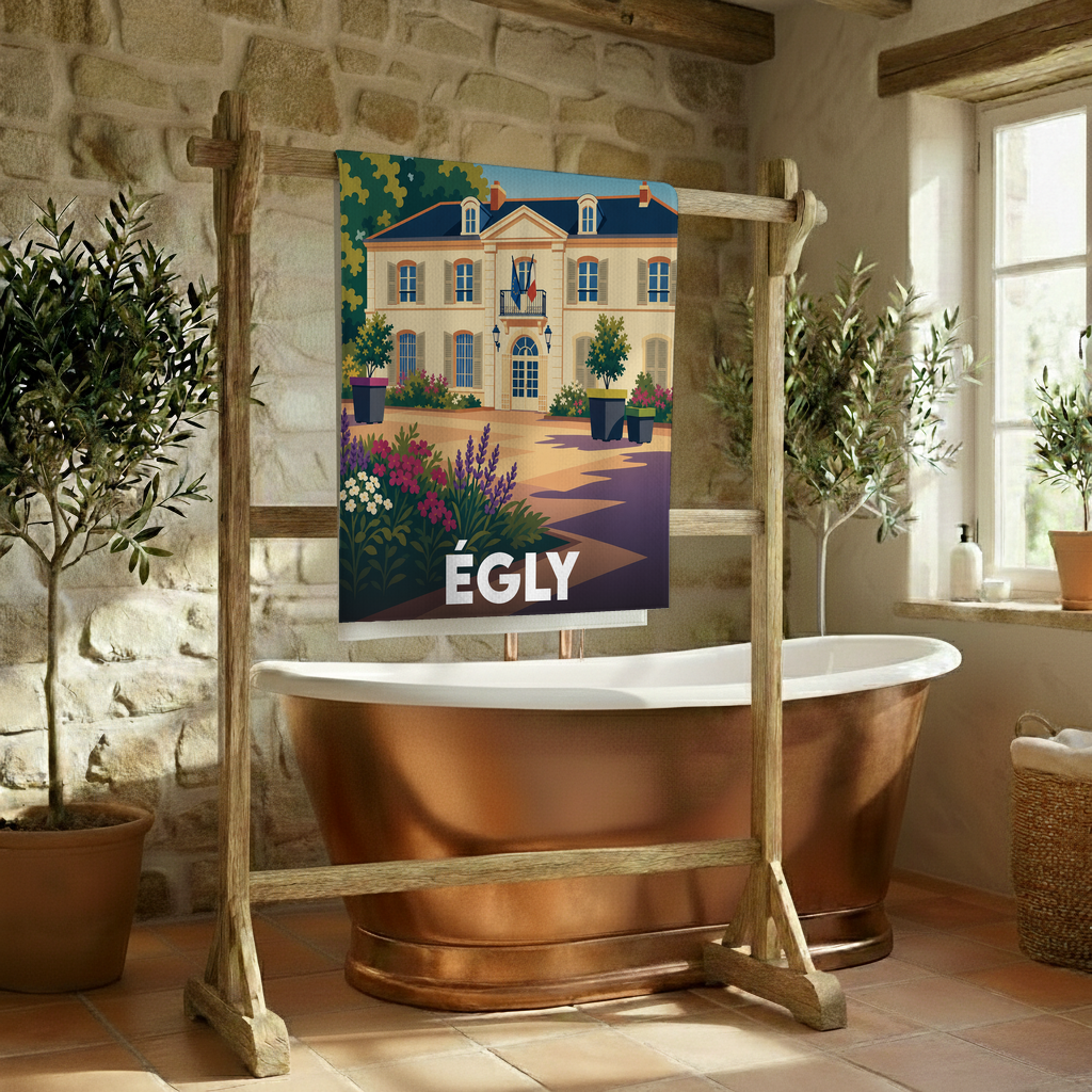 Serviette de bain souvenir de la ville d'Égly avec une illustration stylisée de sa mairie.
