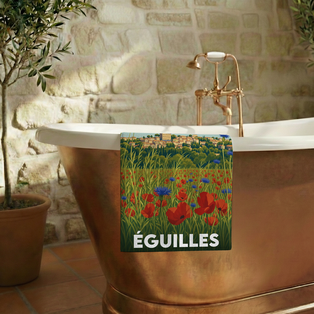 Serviette de bain souvenir de la ville d’Éguilles avec une illustration de champ de coquelicots.