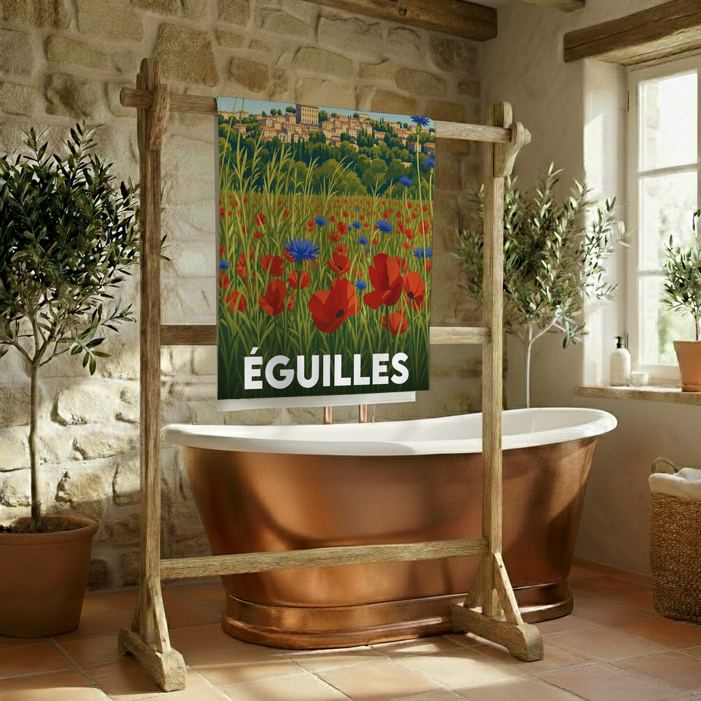 Serviette de bain souvenir de la ville d'Éguilles avec une illustration stylisée d'un champ de coquelicots.