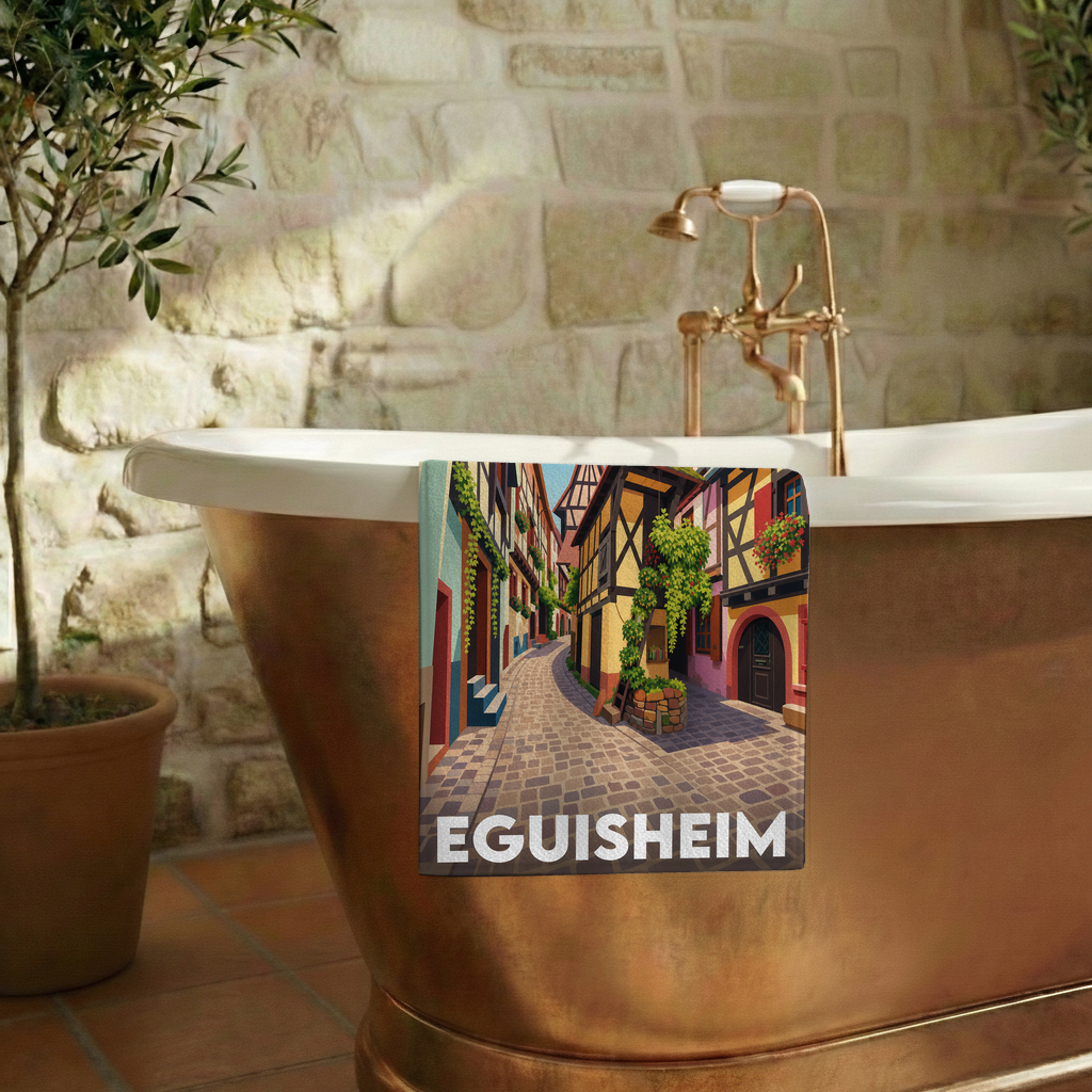Serviette de bain souvenir de la ville d'Eguisheim avec une illustration stylisée.