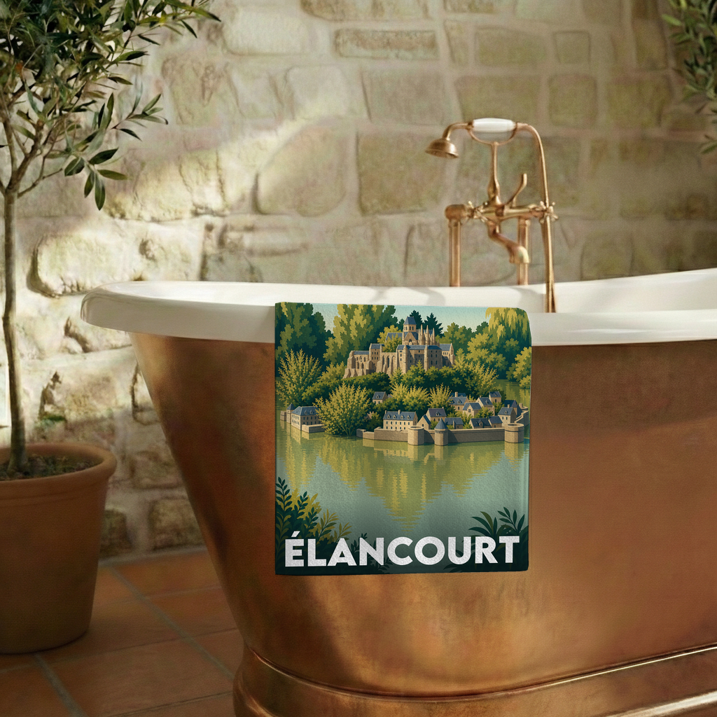 Serviette de bain souvenir de la ville de Élancourt avec une illustration stylisée d'un château au bord de l'eau.