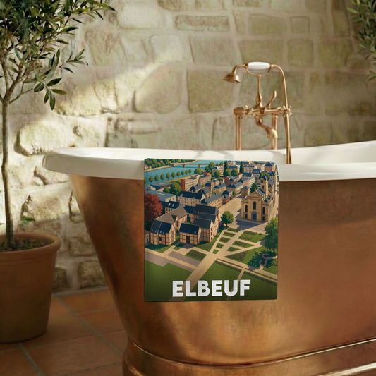 Serviette de bain souvenir de la ville d'Elbeuf avec une illustration stylisée.