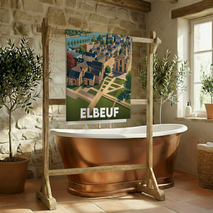 Serviette de bain souvenir de la ville d'Elbeuf avec une illustration stylisée.