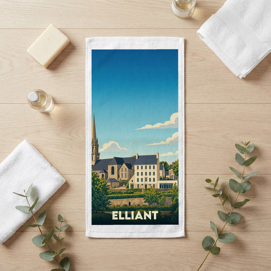 Serviette de bain souvenir de la ville d'Elliant avec une illustration stylisée de son église et de son paysage.