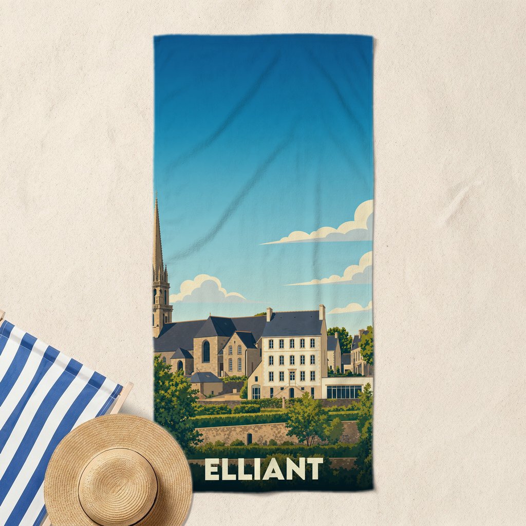 Serviette de plage souvenir de la ville d'Elliant illustrant son église et ses maisons typiques dans un style graphique épuré.