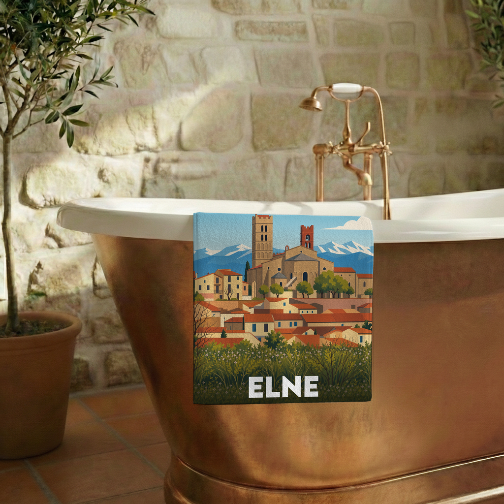 Serviette de bain souvenir de la ville de Elne avec une illustration stylisée de sa cathédrale.