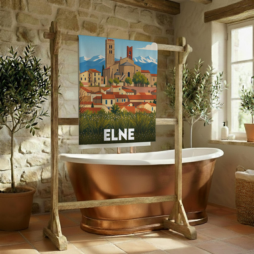 Serviette de bain souvenir de la ville d'Elne avec une illustration stylisée.