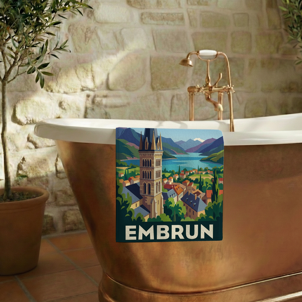 Serviette de bain souvenir de la ville d'Embrun avec une illustration stylisée.