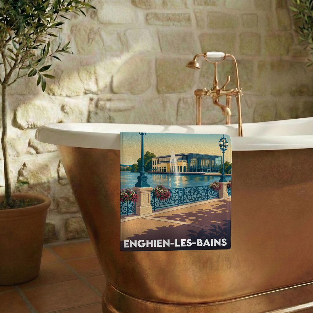 Serviette de bain souvenir de la ville d'Enghien-les-Bains avec une illustration stylisée.