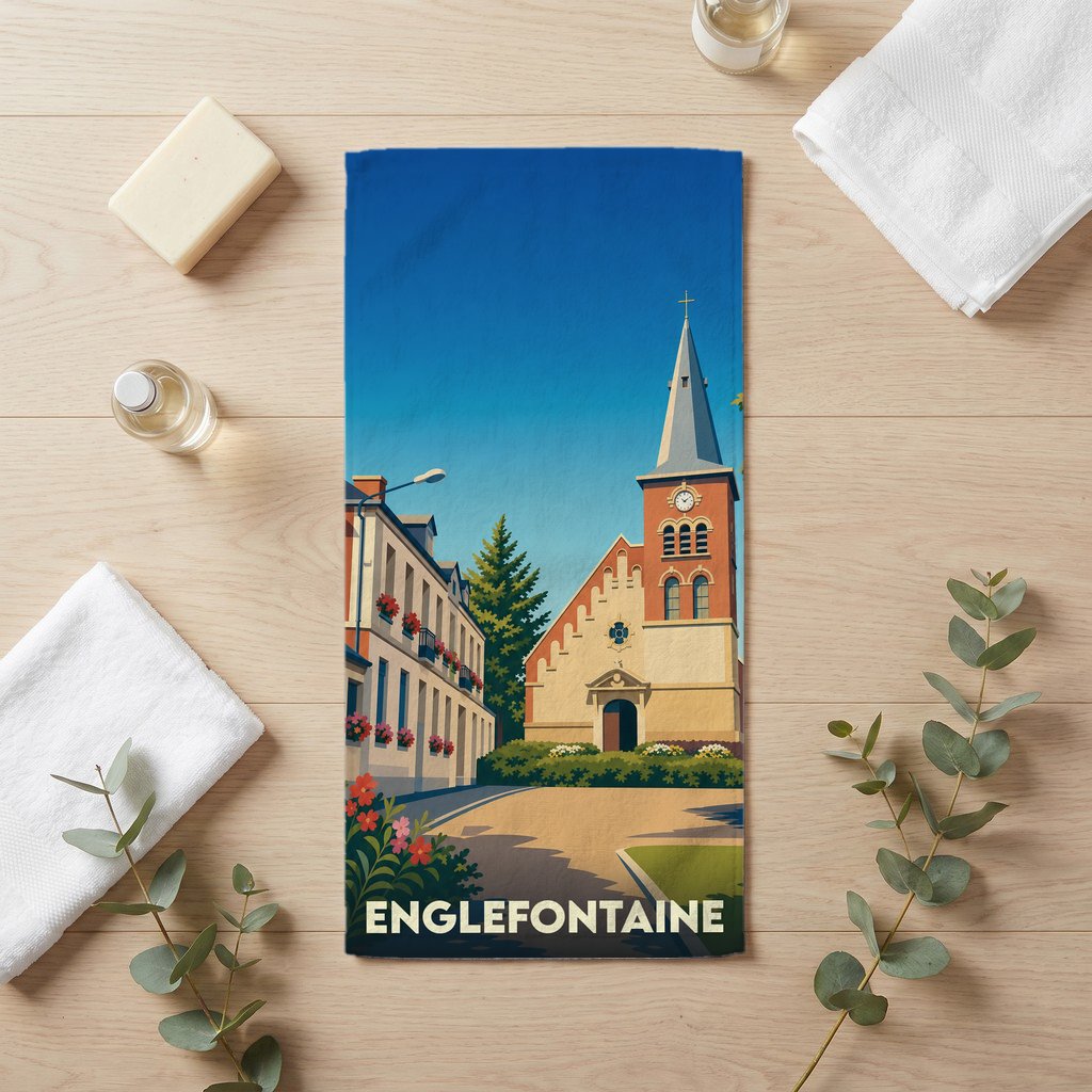 Serviette de bain souvenir de la ville de Englefontaine avec une illustration stylisée de son église.