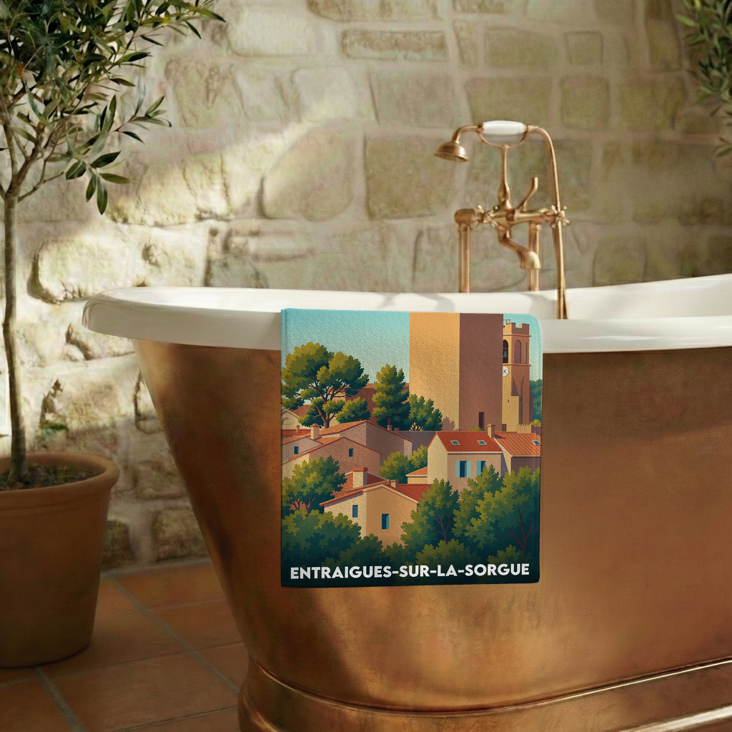 Serviette de bain souvenir de la ville d'Entraigues-sur-la-Sorgue avec une illustration stylisée.