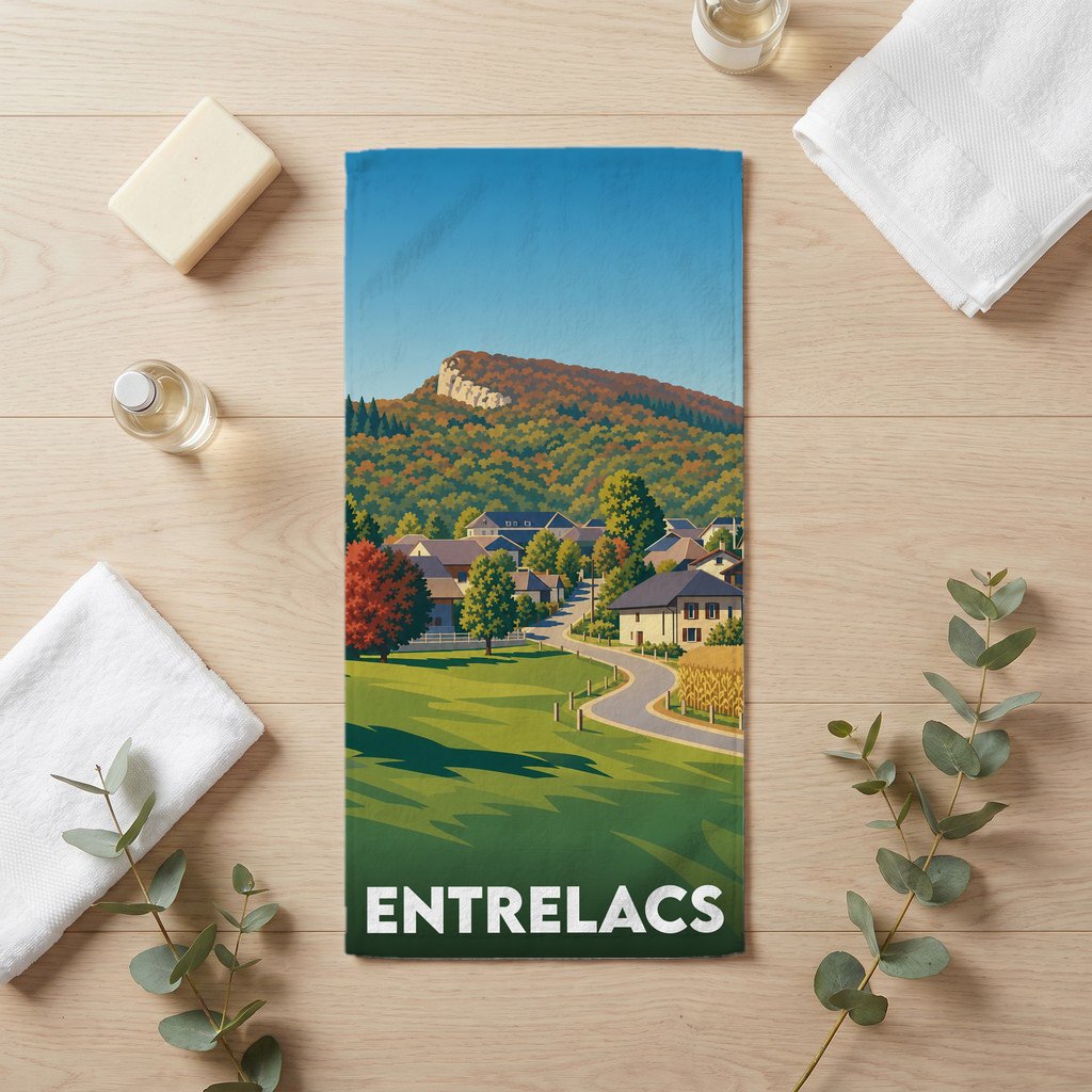 Serviette de bain souvenir de la ville d'Entrelacs avec une illustration stylisée d'un paysage montagneux.