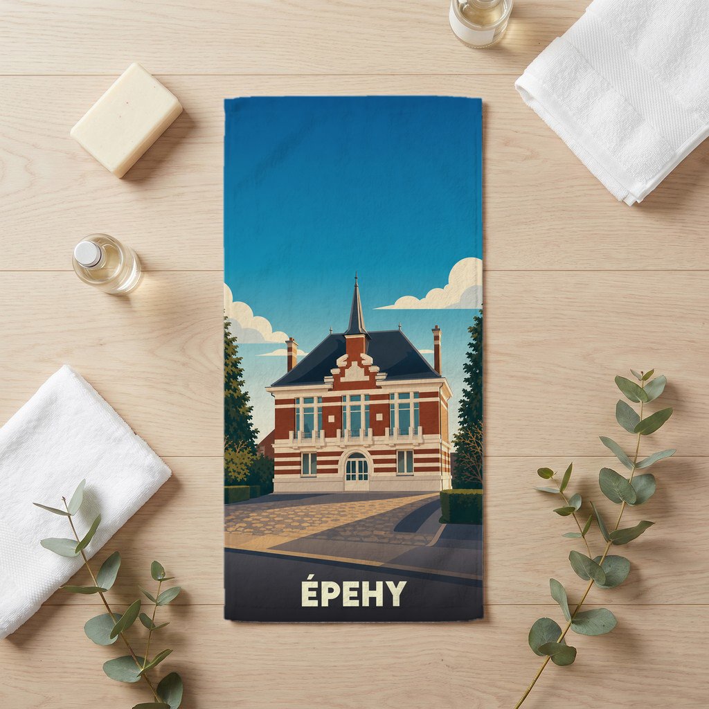 Serviette de bain souvenir de la ville d'Épehy avec une illustration stylisée de son hôtel de ville.