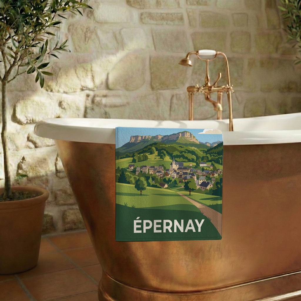 Serviette de bain souvenir de la ville d'Épernay avec une illustration stylisée.