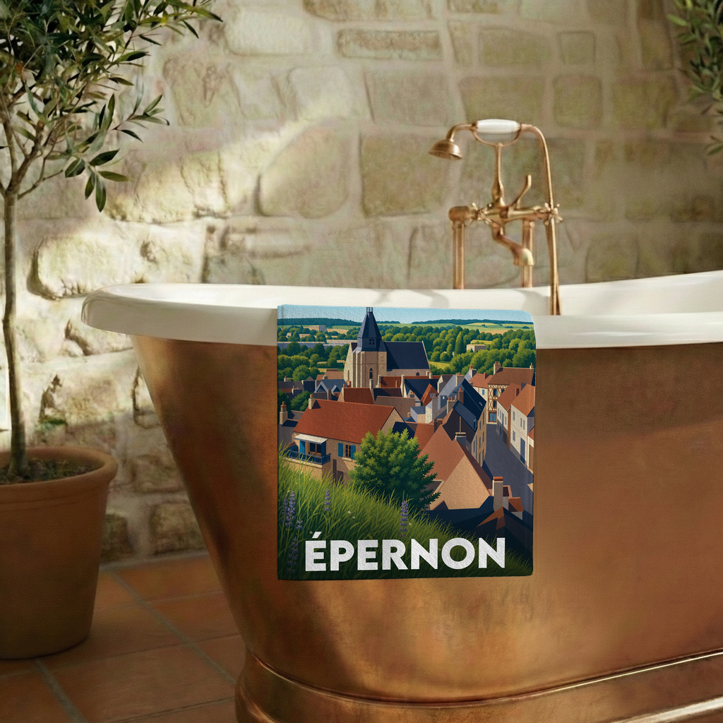 Serviette de bain souvenir de la ville d'Épernon avec une illustration stylisée.