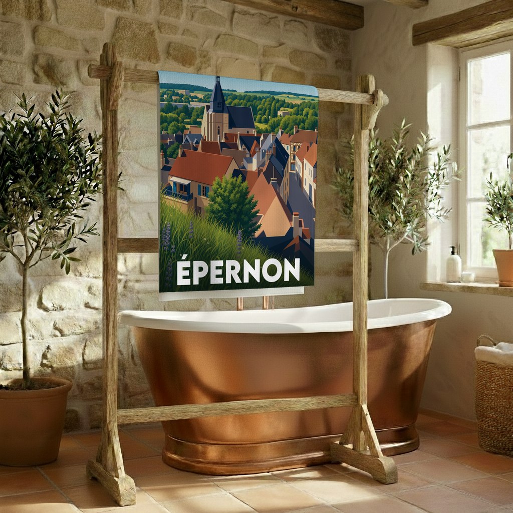 Serviette de bain souvenir de la ville d'Épernon avec une illustration stylisée.