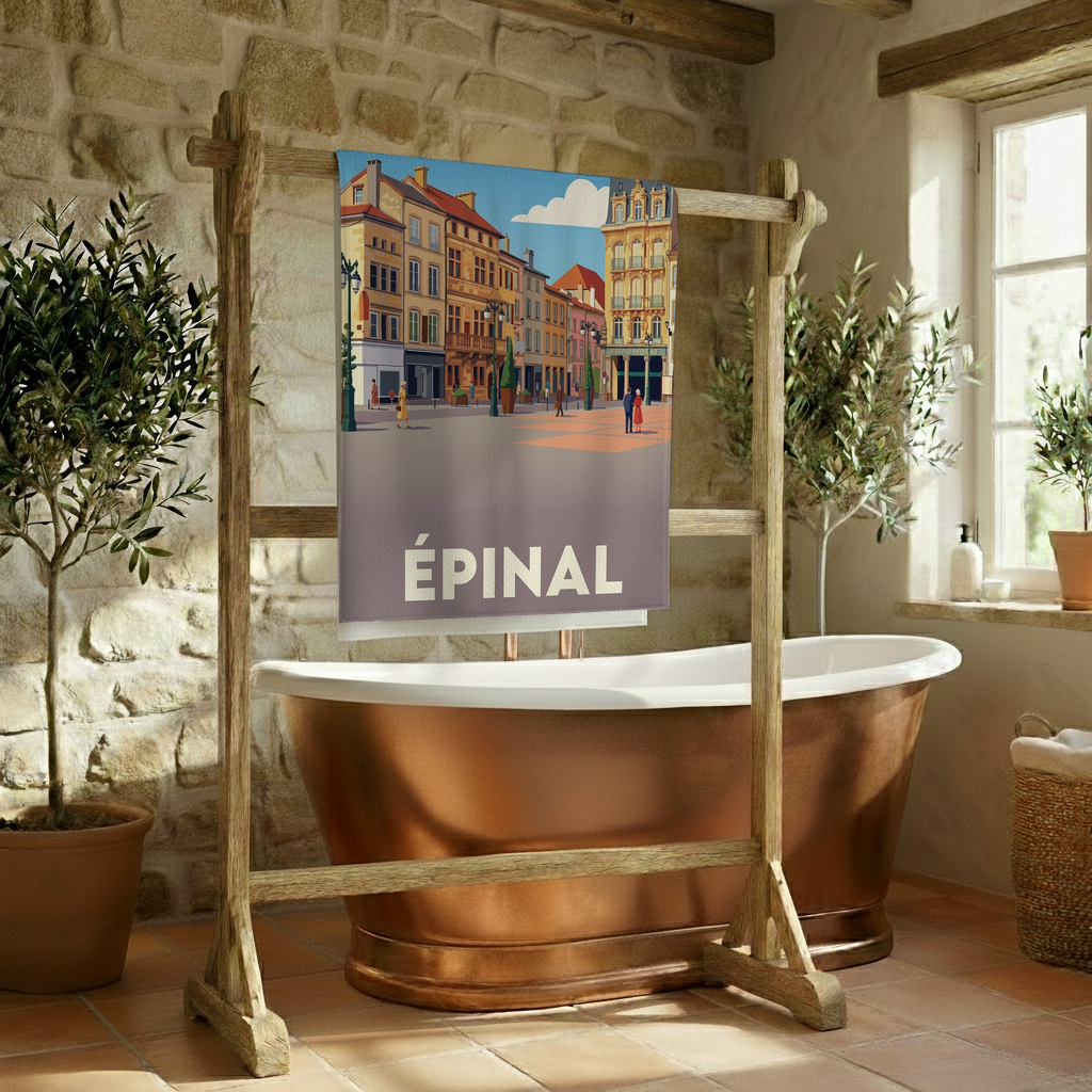 Serviette de bain souvenir de la ville d'Épinal avec une illustration stylisée.