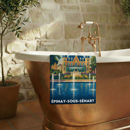 Serviette de bain souvenir de la ville de Épinay-sous-Sénart avec une illustration stylisée.