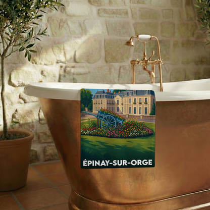 Serviette de bain souvenir de la ville d'Épinay-sur-Orge avec une illustration stylisée.