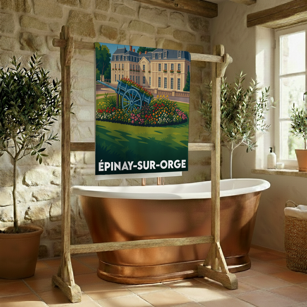 Serviette de bain souvenir de la ville d'Épinay-sur-Orge avec une illustration stylisée d'un château et d'une charrette fleurie.
