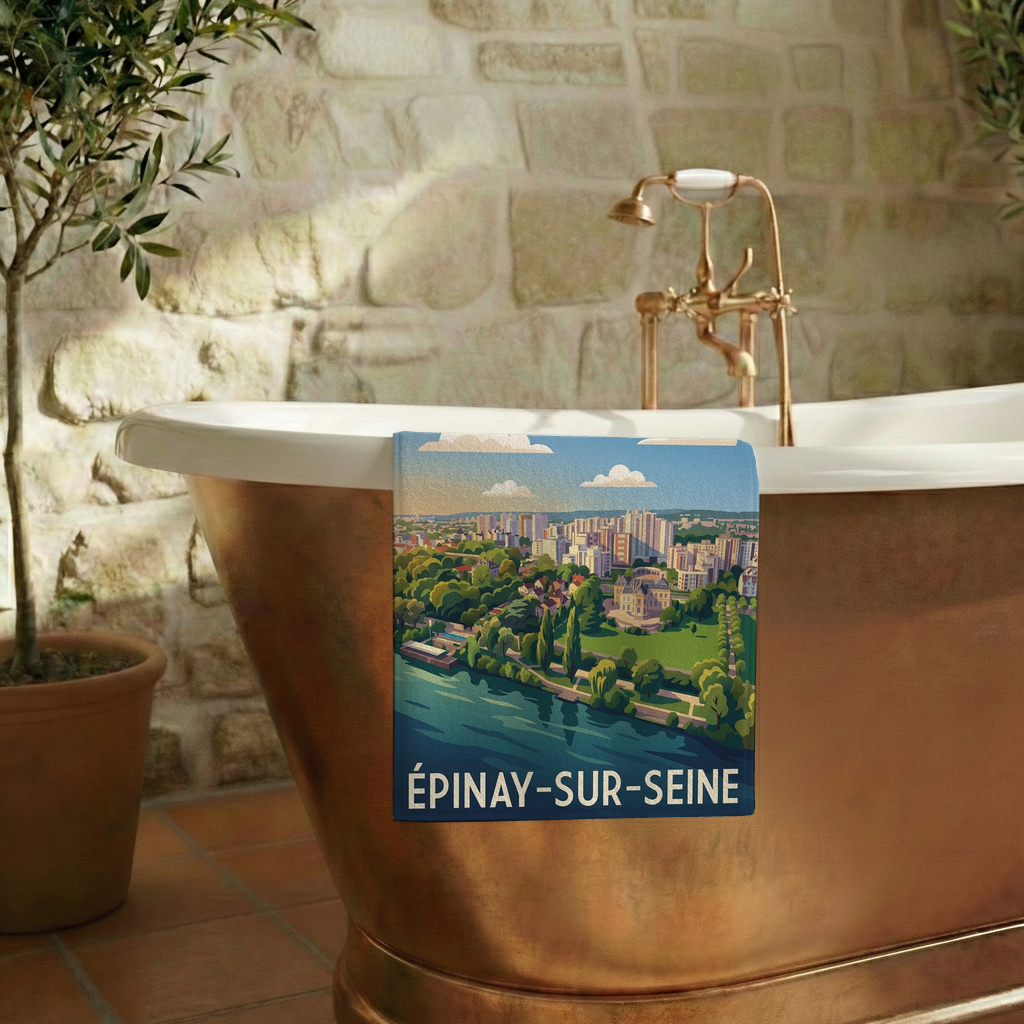 Serviette de bain souvenir de la ville de Épinay-sur-Seine avec une illustration stylisée des bords de Seine.