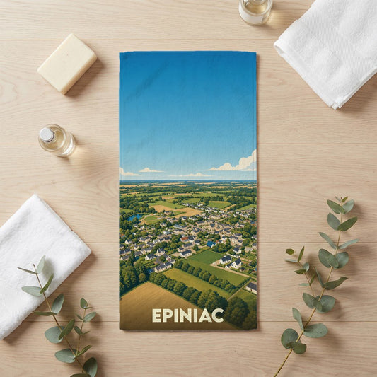 Serviette de bain souvenir de la ville d'Epiniac avec une illustration aérienne stylisée.