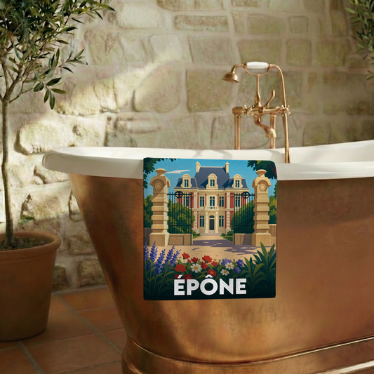 Serviette de bain souvenir de la ville d'Épône avec une illustration stylisée d'un château.