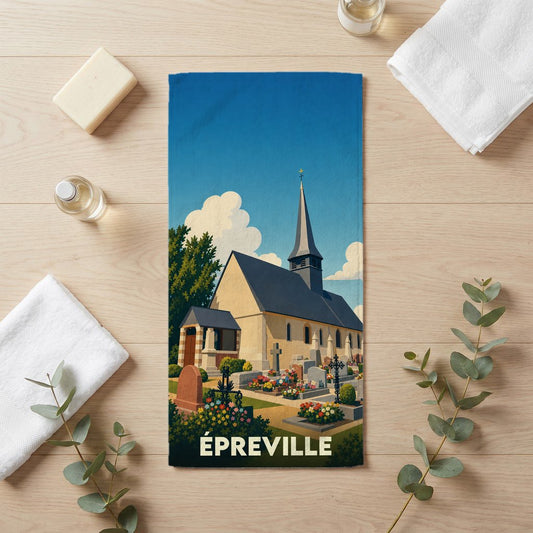 Serviette de bain souvenir de la ville d'Épreville avec une illustration stylisée d'une église et de son cimetière fleuri.